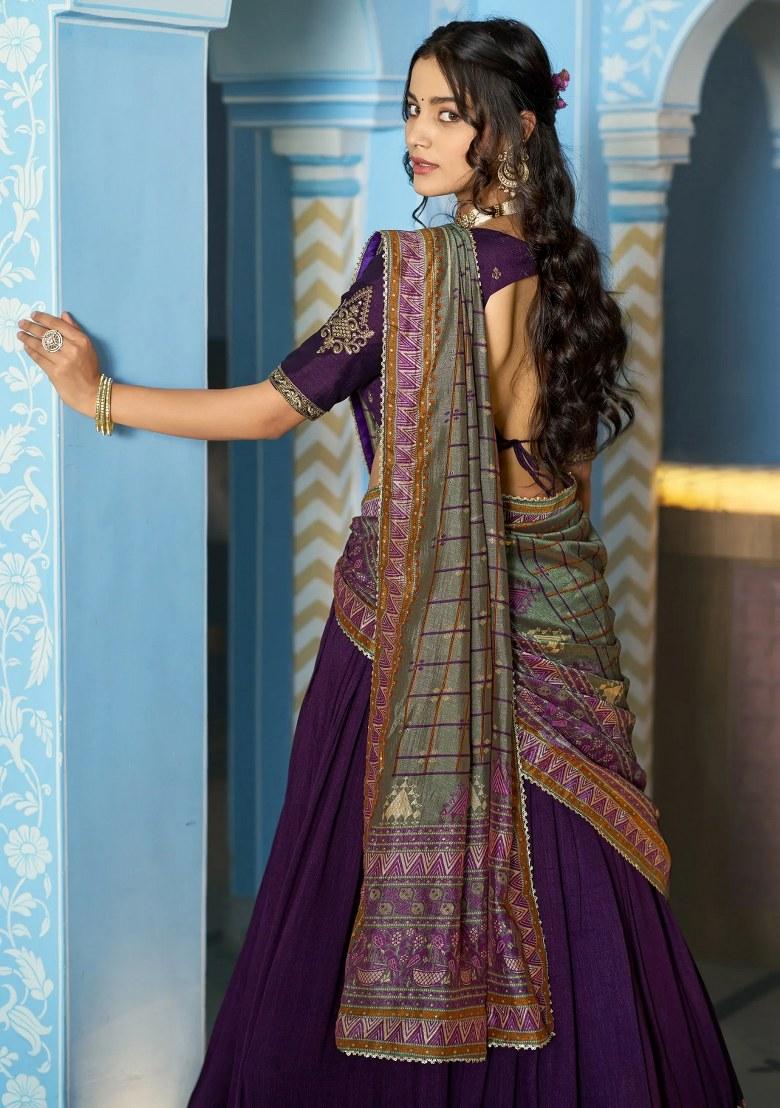 Purple Embroidered Silk Lehenga Set - Indya