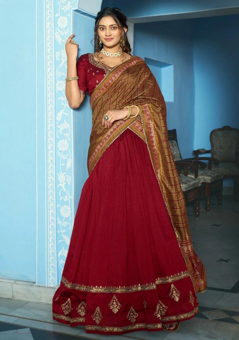 Maroon Embroidered Silk Lehenga Set - Indya