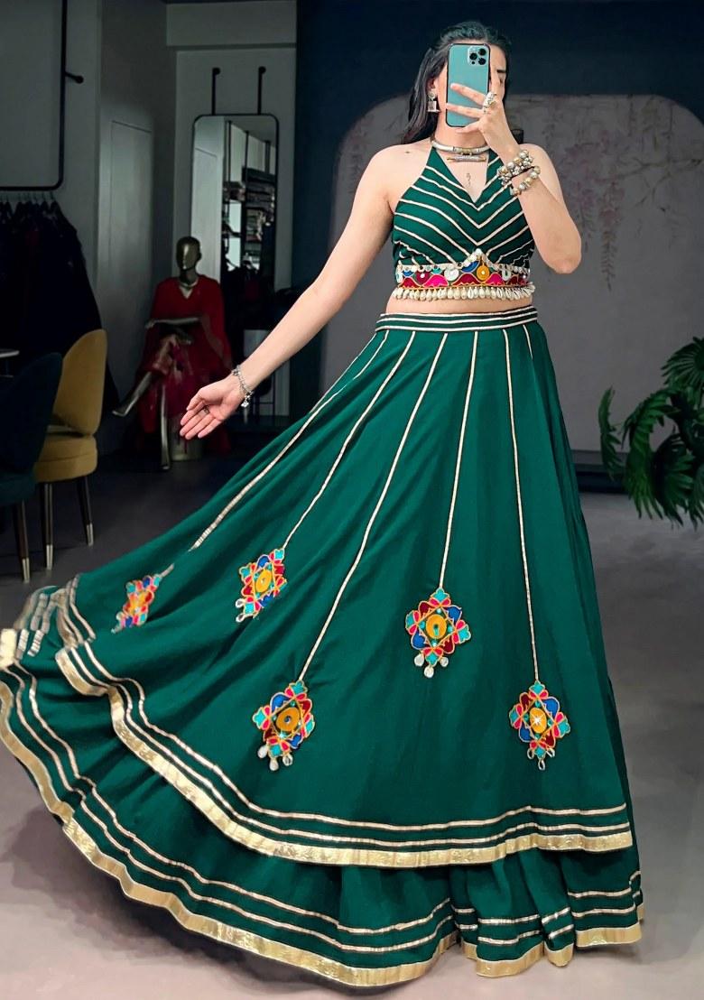Green Gota Patti Georgette Lehenga Set - Indya