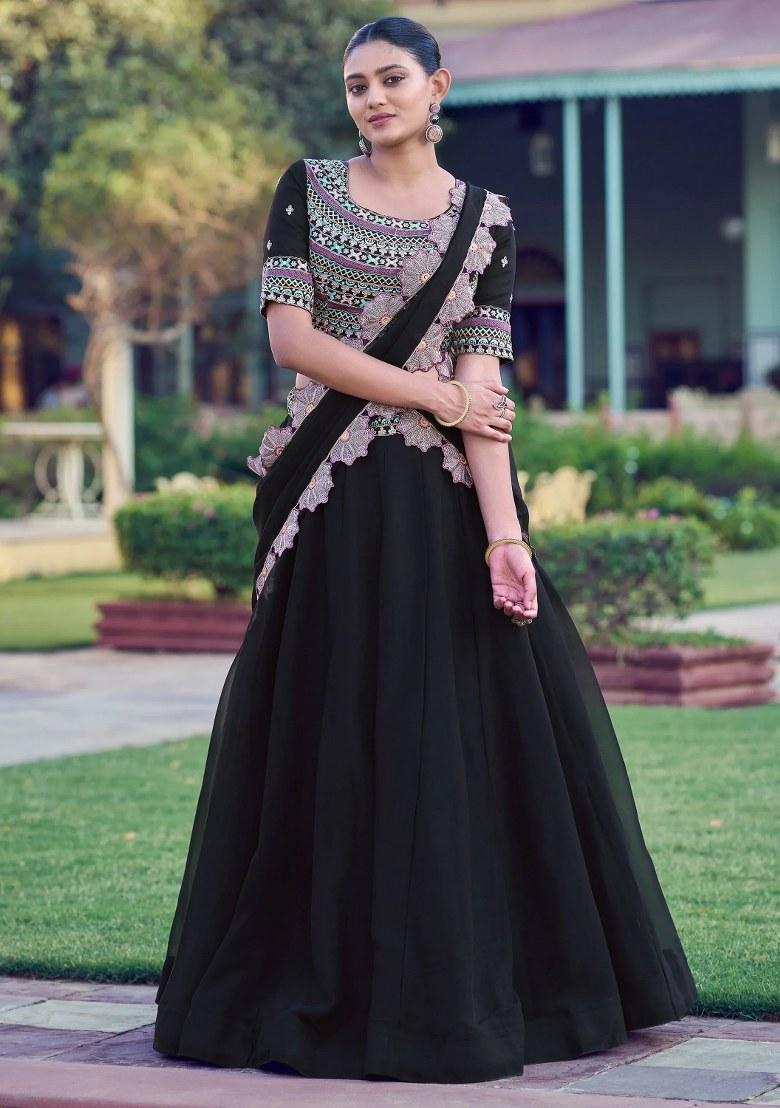 Black Embroidered Georgette Lehenga Set - Indya