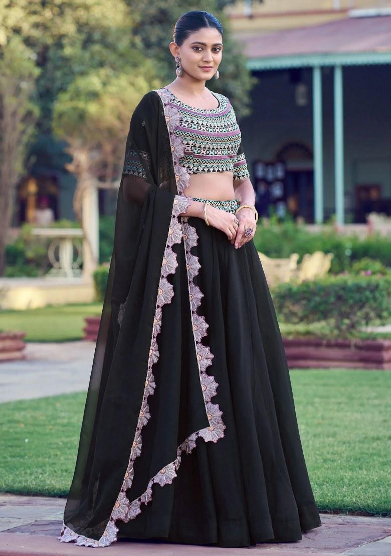 Black Embroidered Georgette Lehenga Set - Indya
