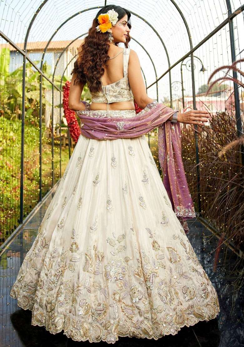 Cream Tissue Lehenga Set with Embroidered for Diwali | Wedding & Festive Wear - Indya