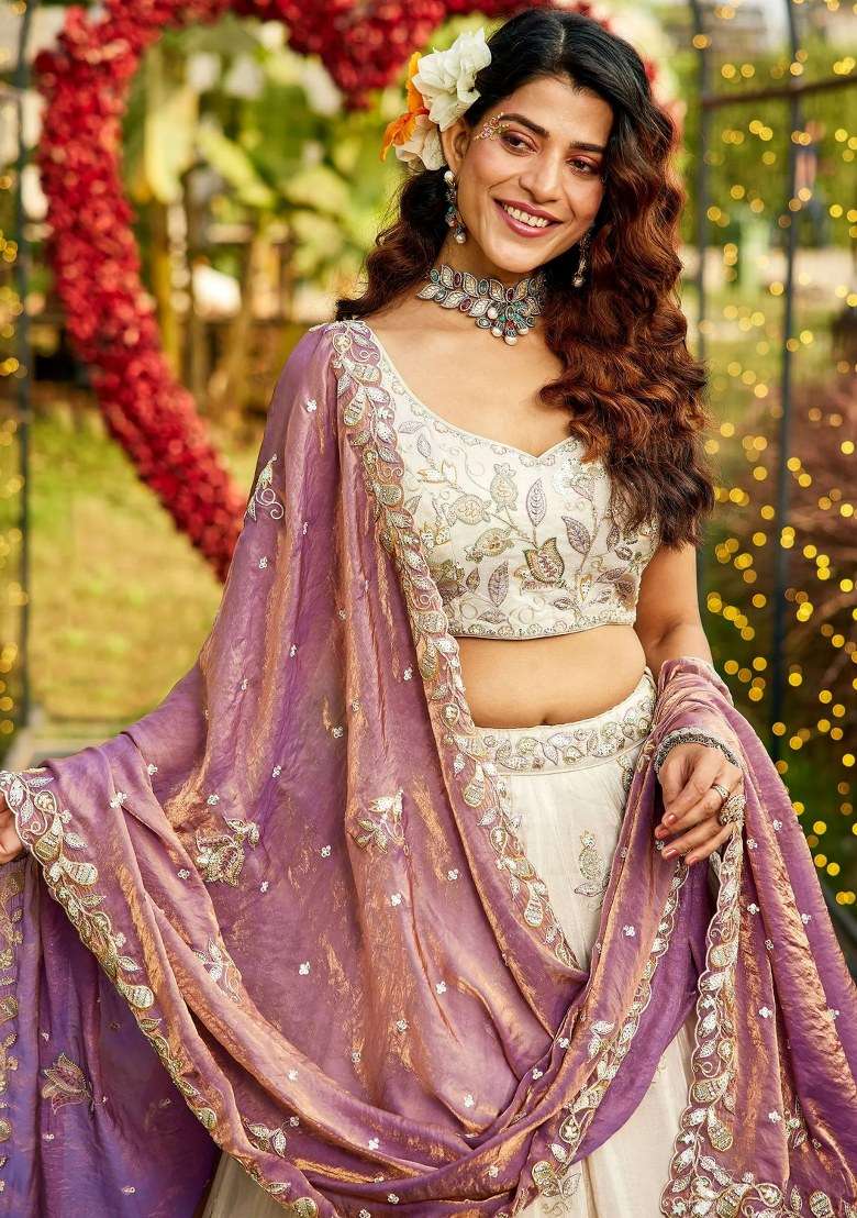 Cream Embroidered Tissue Lehenga Set - Indya