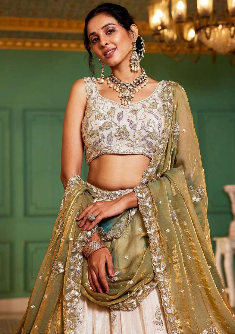 Cream Embroidered Tissue Lehenga Set - Indya
