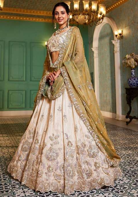 Cream Embroidered Tissue Lehenga Set for Diwali and Festive Wear