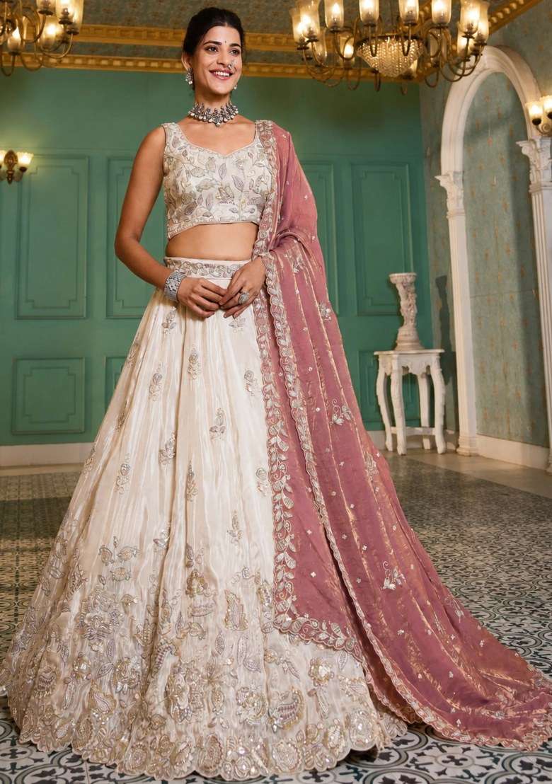 Cream Tissue Lehenga Set with Embroidered for Diwali | Wedding & Festive Wear - Indya