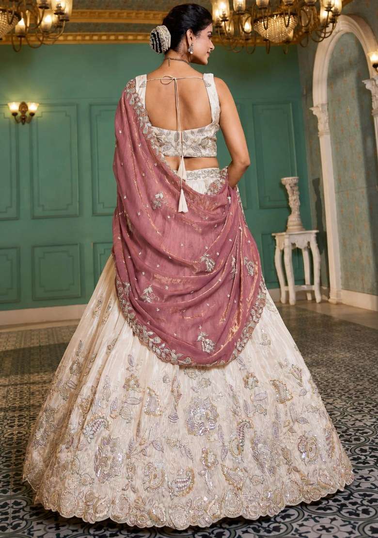 Cream Tissue Lehenga Set with Embroidered for Diwali | Wedding & Festive Wear - Indya