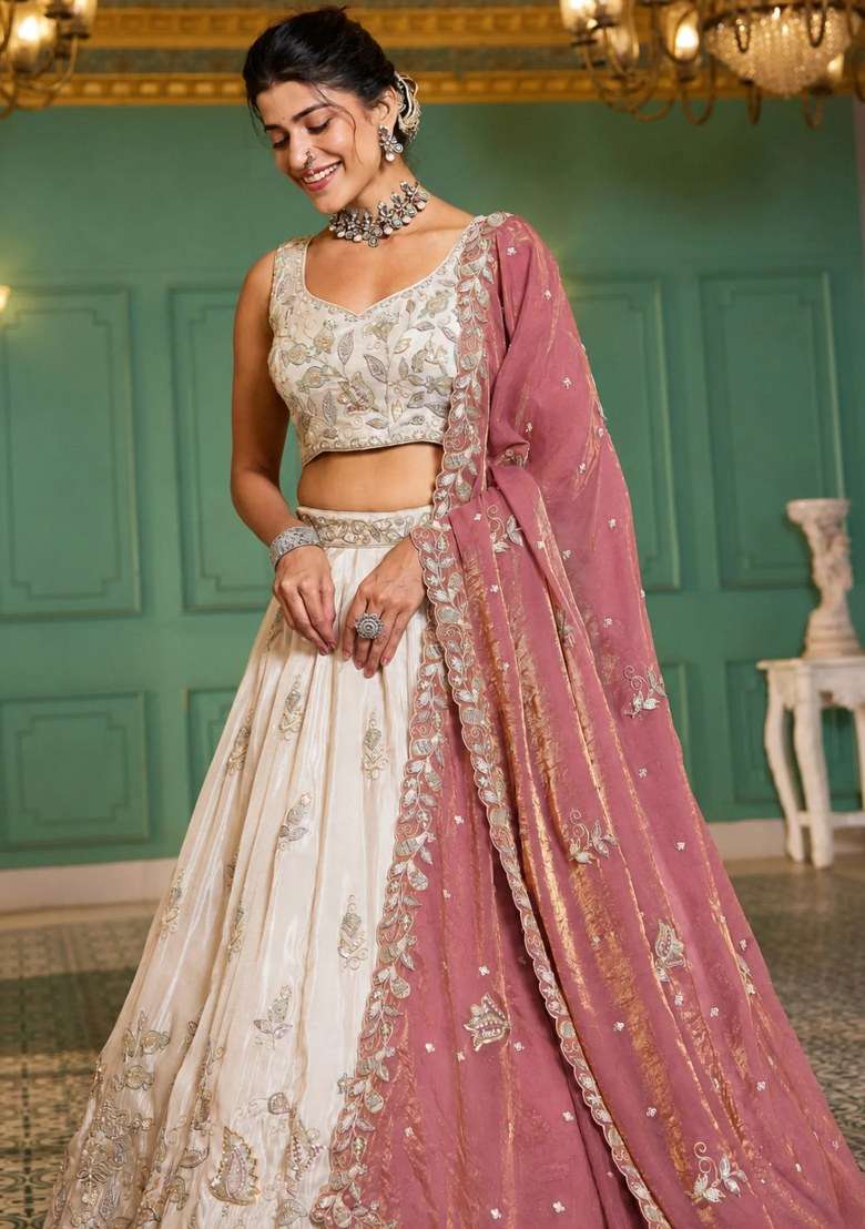 Cream Embroidered Tissue Lehenga Set - Indya