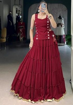 Red Lace Work Chiffon Lehenga Set