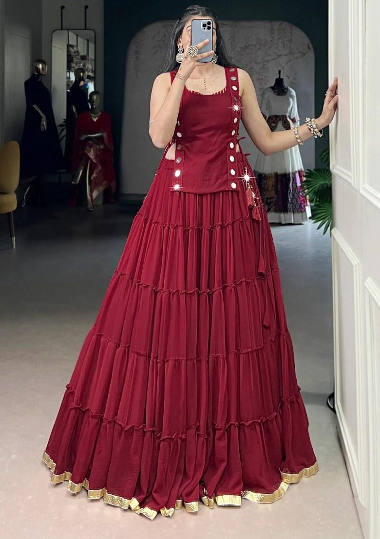 Red Lace Work Chiffon Lehenga Set - Indya