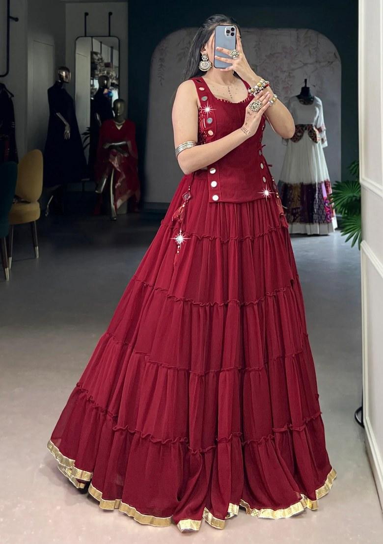 Red Lace Work Chiffon Lehenga Set - Indya