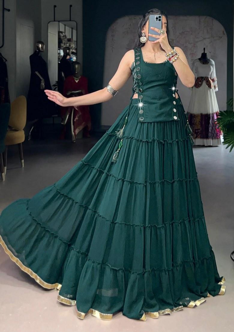 Green Lace Work Chiffon Lehenga Set - Indya