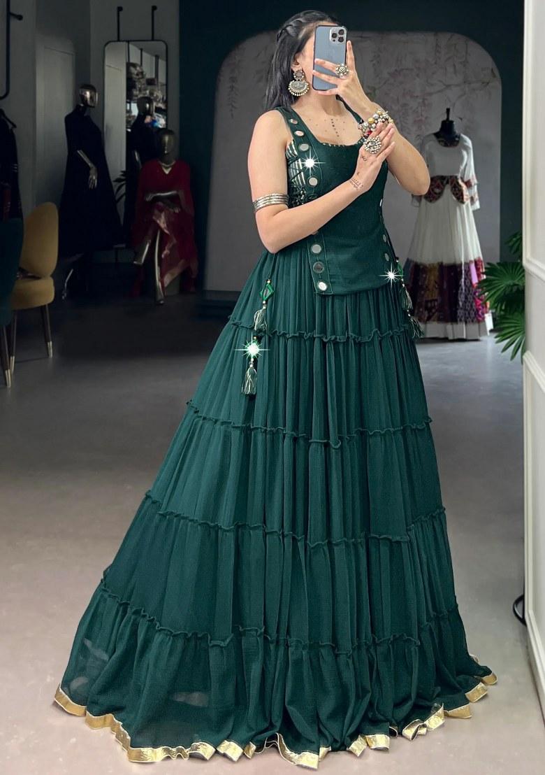 Green Lace Work Chiffon Lehenga Set - Indya