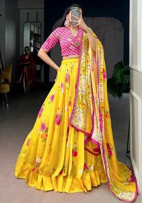 Yellow Embroidered Georgette Lehenga Set
