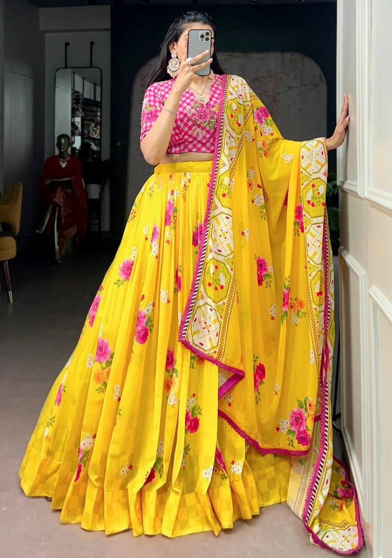 Yellow Embroidered Georgette Lehenga Set - Indya