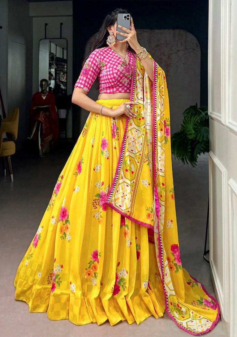 Yellow Embroidered Georgette Lehenga Set - Indya