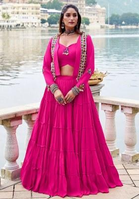 Pink Mirror Work Rayon Lehenga Set