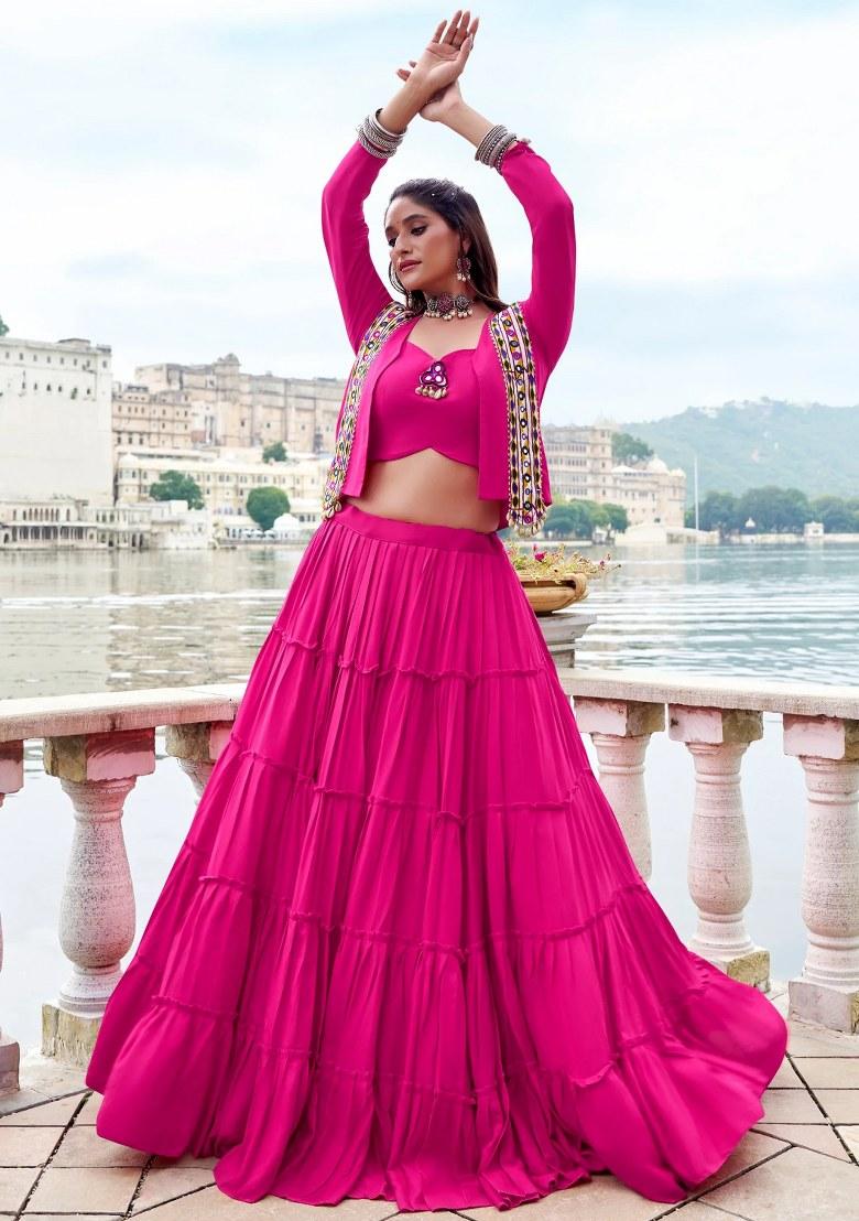 Pink Mirror Work Rayon Lehenga Set - Indya