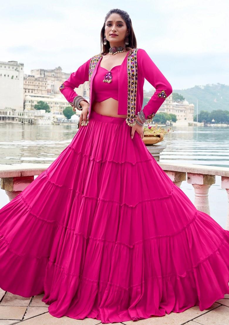 Pink Mirror Work Rayon Lehenga Set - Indya