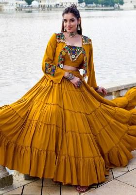 Yellow Mirror Work Rayon Lehenga Set