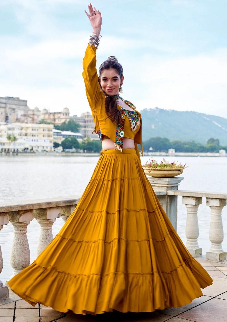 Yellow Mirror Work Rayon Lehenga Set - Indya