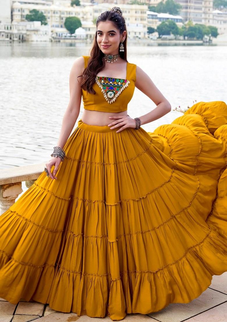 Yellow Mirror Work Rayon Lehenga Set - Indya