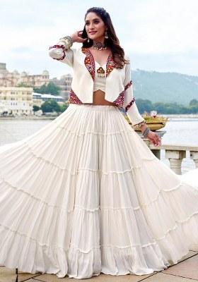 White Mirror Work Rayon Lehenga Set
