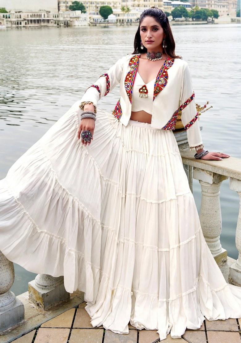 White Mirror Work Rayon Lehenga Set - Indya