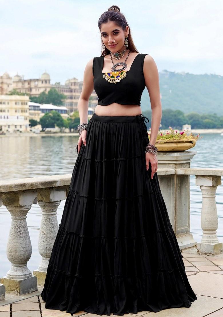 Black Mirror Work Rayon Lehenga Set - Indya