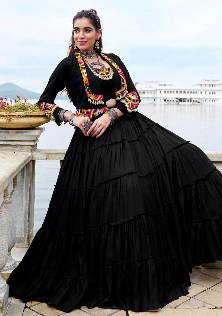 Black Mirror Work Rayon Lehenga Set - Indya