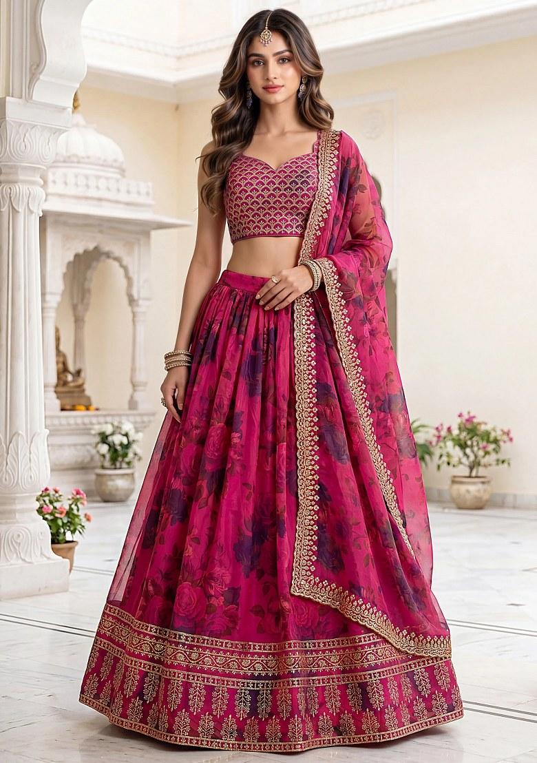 Pink Sequin Work Organza Lehenga Set - Indya