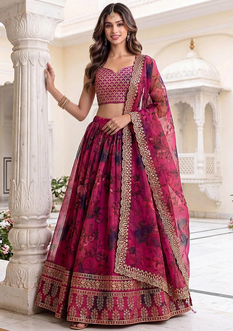 Pink Sequin Work Organza Lehenga Set - Indya
