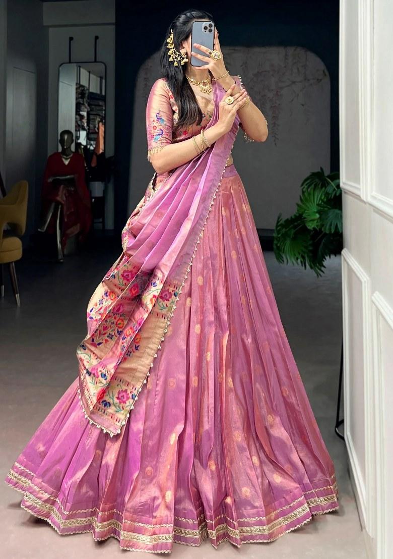 Pink Zari Work Shimmer Lehenga Set - Indya