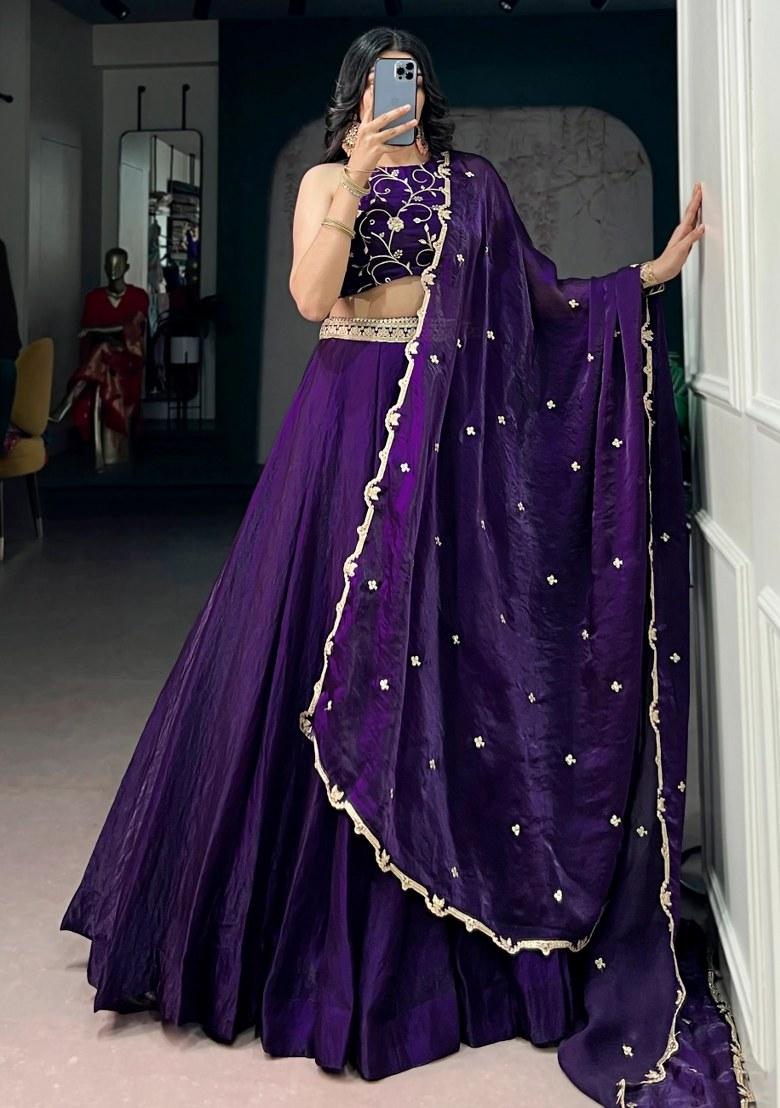 Purple Embroidered Silk Lehenga Set - Indya