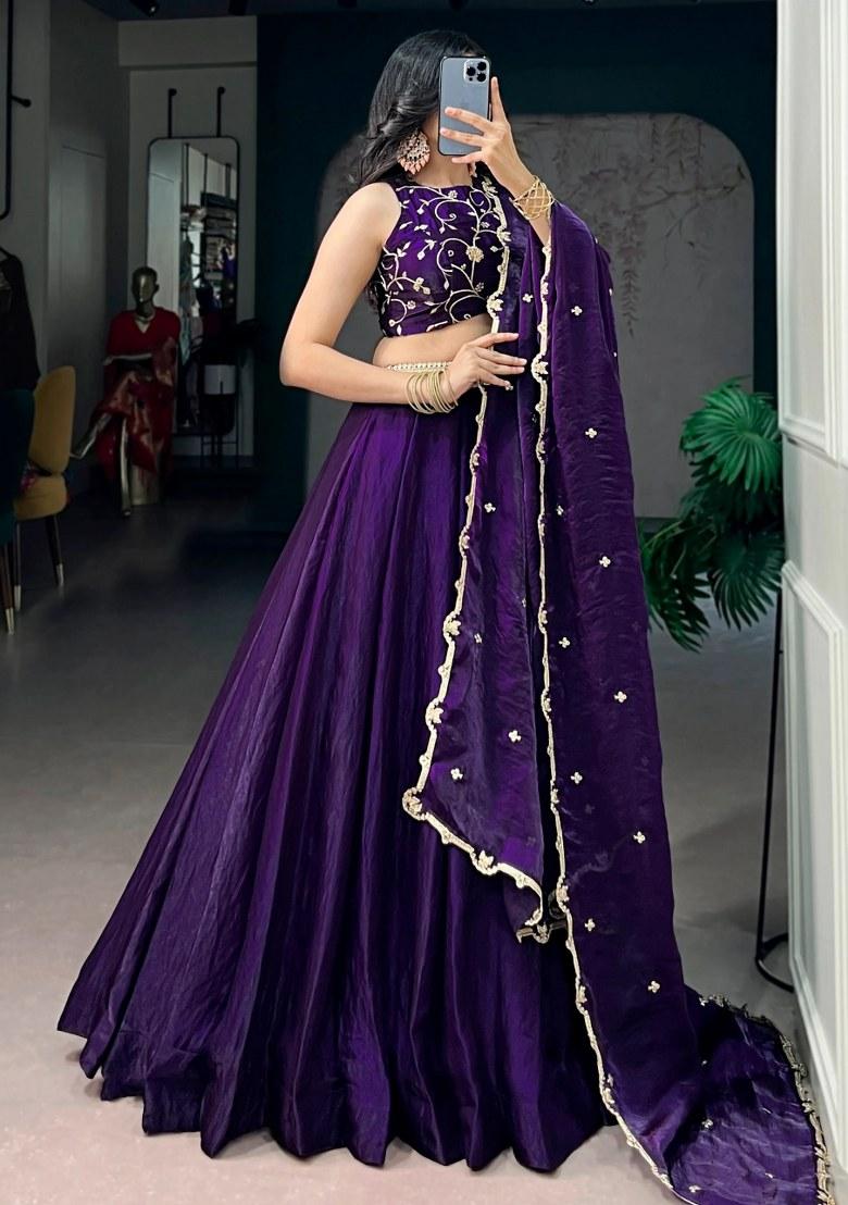 Purple Embroidered Silk Lehenga Set - Indya