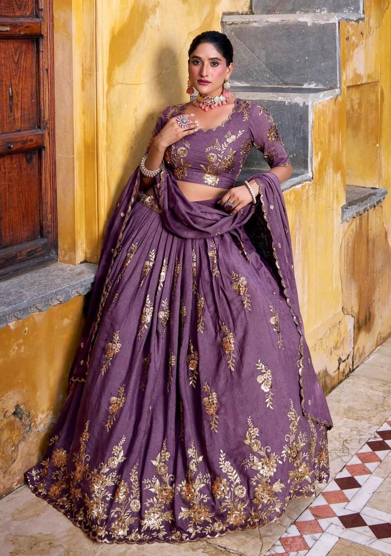 Lavender Embroidered Silk Lehenga Set - Indya