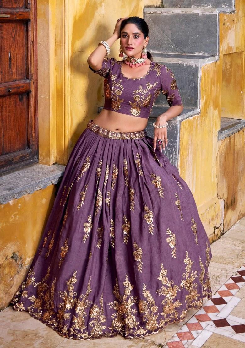 Lavender Embroidered Silk Lehenga Set - Indya