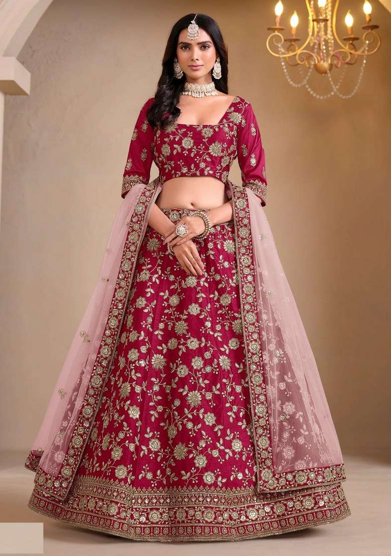 Pink Silk Lehenga Set with Embroidered for Diwali | Wedding & Festive Wear - Indya