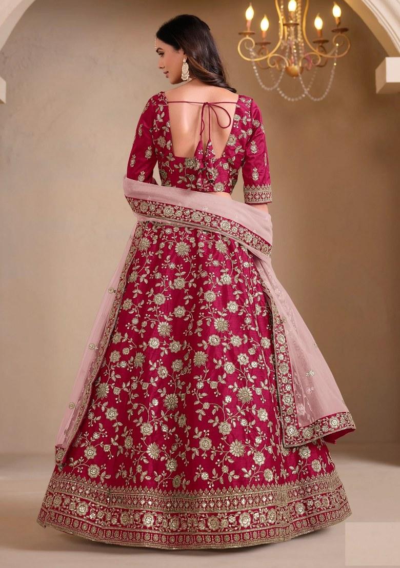 Pink Embroidered Silk Lehenga Set - Indya