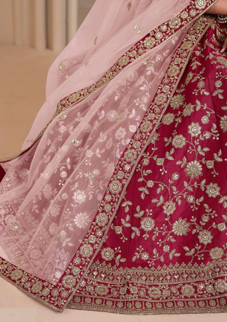 Pink Embroidered Silk Lehenga Set - Indya