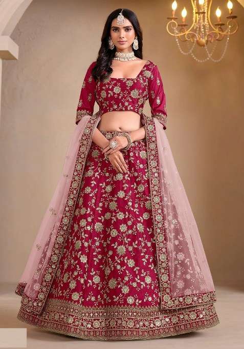 Pink Silk Lehenga Set with Embroidered for Diwali | Wedding & Festive Wear