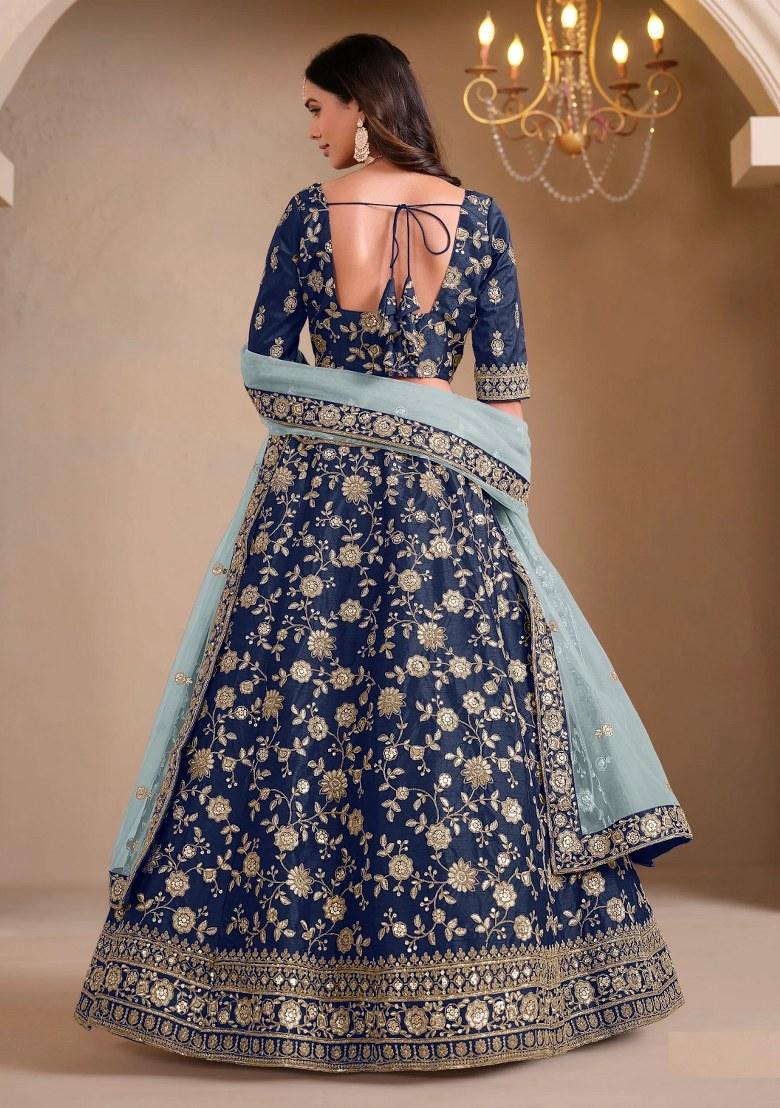 Navy Blue Embroidered Silk Lehenga Set - Indya