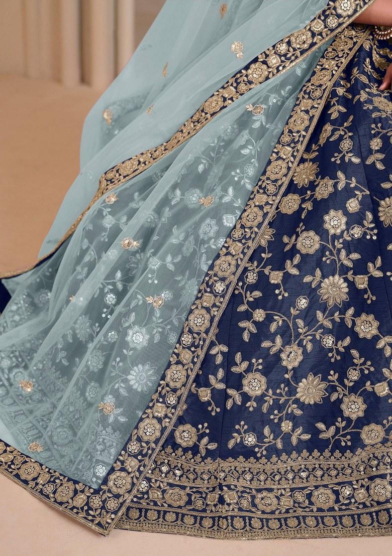 Navy Blue Embroidered Silk Lehenga Set - Indya
