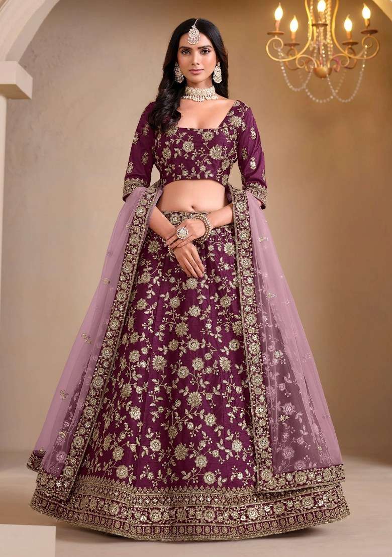 Wine Silk Lehenga Set with Embroidered for Diwali | Wedding & Festive Wear - Indya