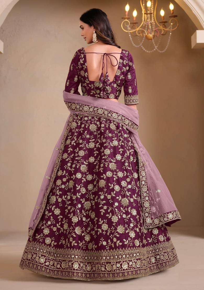 Wine Silk Lehenga Set with Embroidered for Diwali | Wedding & Festive Wear - Indya