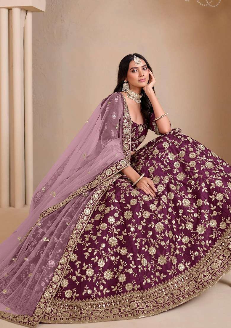 Wine Silk Lehenga Set with Embroidered for Diwali | Wedding & Festive Wear - Indya