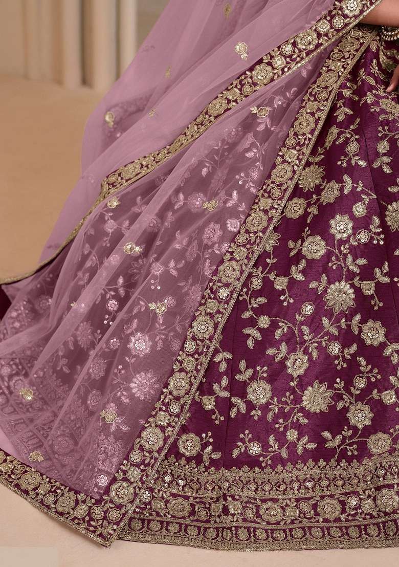 Wine Silk Lehenga Set with Embroidered for Diwali | Wedding & Festive Wear - Indya