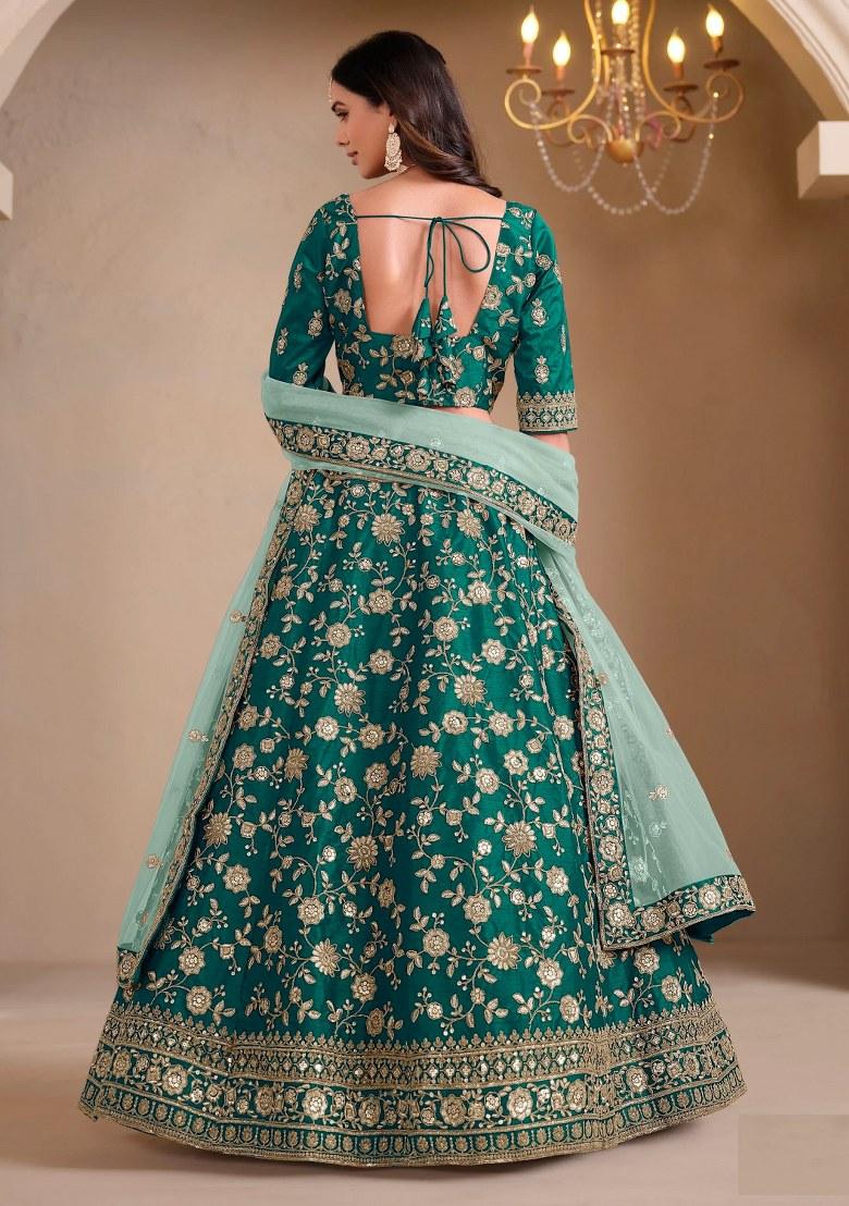 Green Embroidered Silk Lehenga Set - Indya