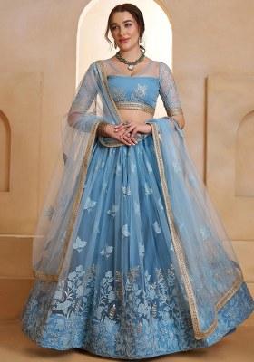 Blue Embroidered Net Lehenga Set