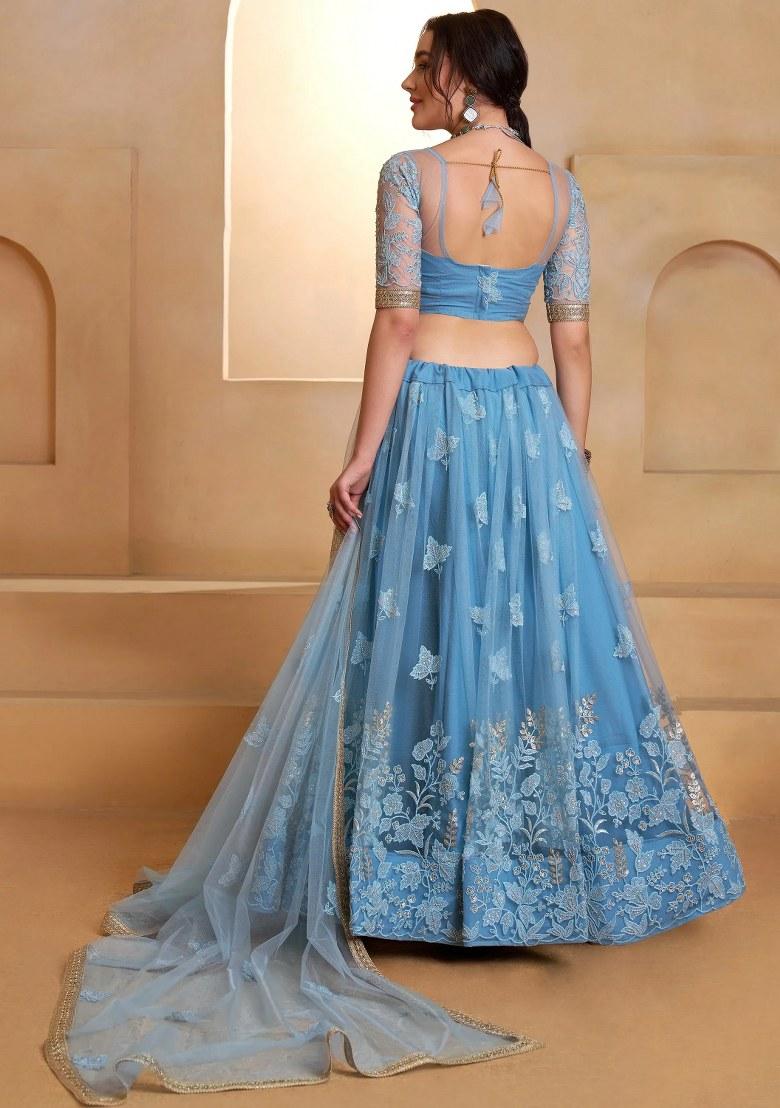 Blue Embroidered Net Lehenga Set - Indya